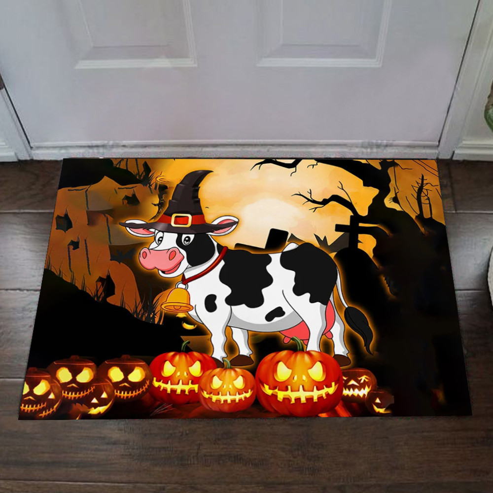 Dairy Cow Happy Halloween Rubber Doormat Cute Animal Halloween Mats Farmhouse Door Decor
