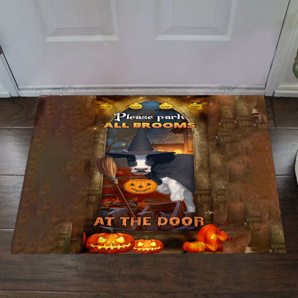Dairy Cow Please Park All Brooms At The Door Rubber Doormat Halloween Welcome Mats Farmhouse Decor
