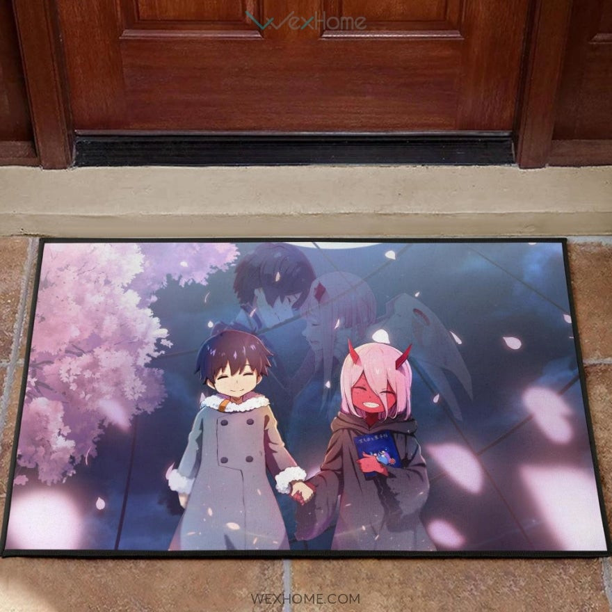Darling In The Franxx Anime Cute Little Hiro And Red Zero Two Holding Hands Cherry Blossom Rubber Doormat Home Decor