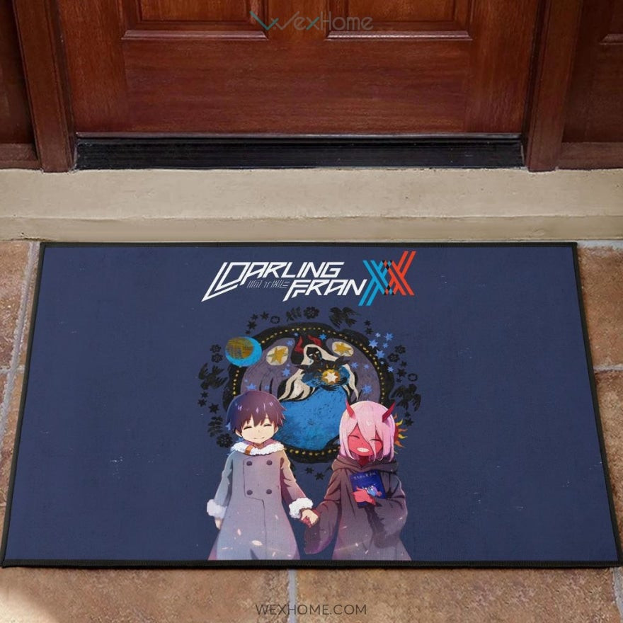 Darling In The Franxx Anime Cute Little Hiro And Red Zero Two Holding Hands Zodiac Artwork Rubber Doormat Home Decor
