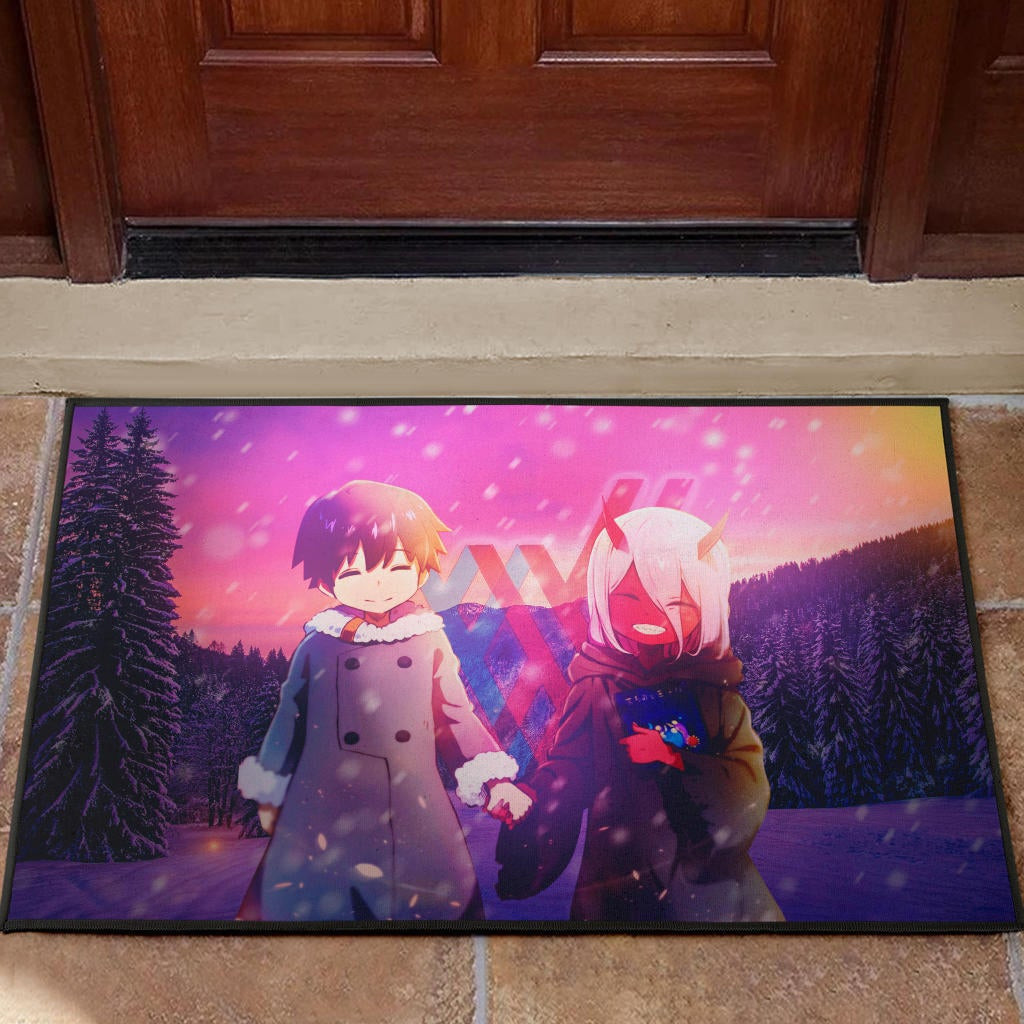 Darling In The Franxx Anime Rubber Doormat - Cute Little Zero Two And Hiro Holding Hands Rubber Doormat Home Decor