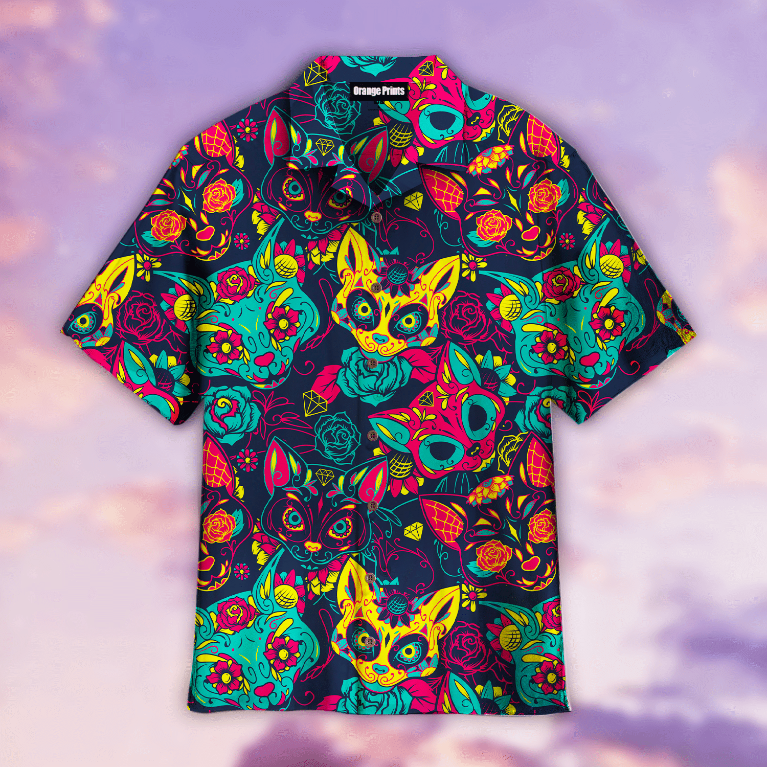Day Of The Dead Colorful Sugar Cat Skull With Floral Hawaiian Shirt