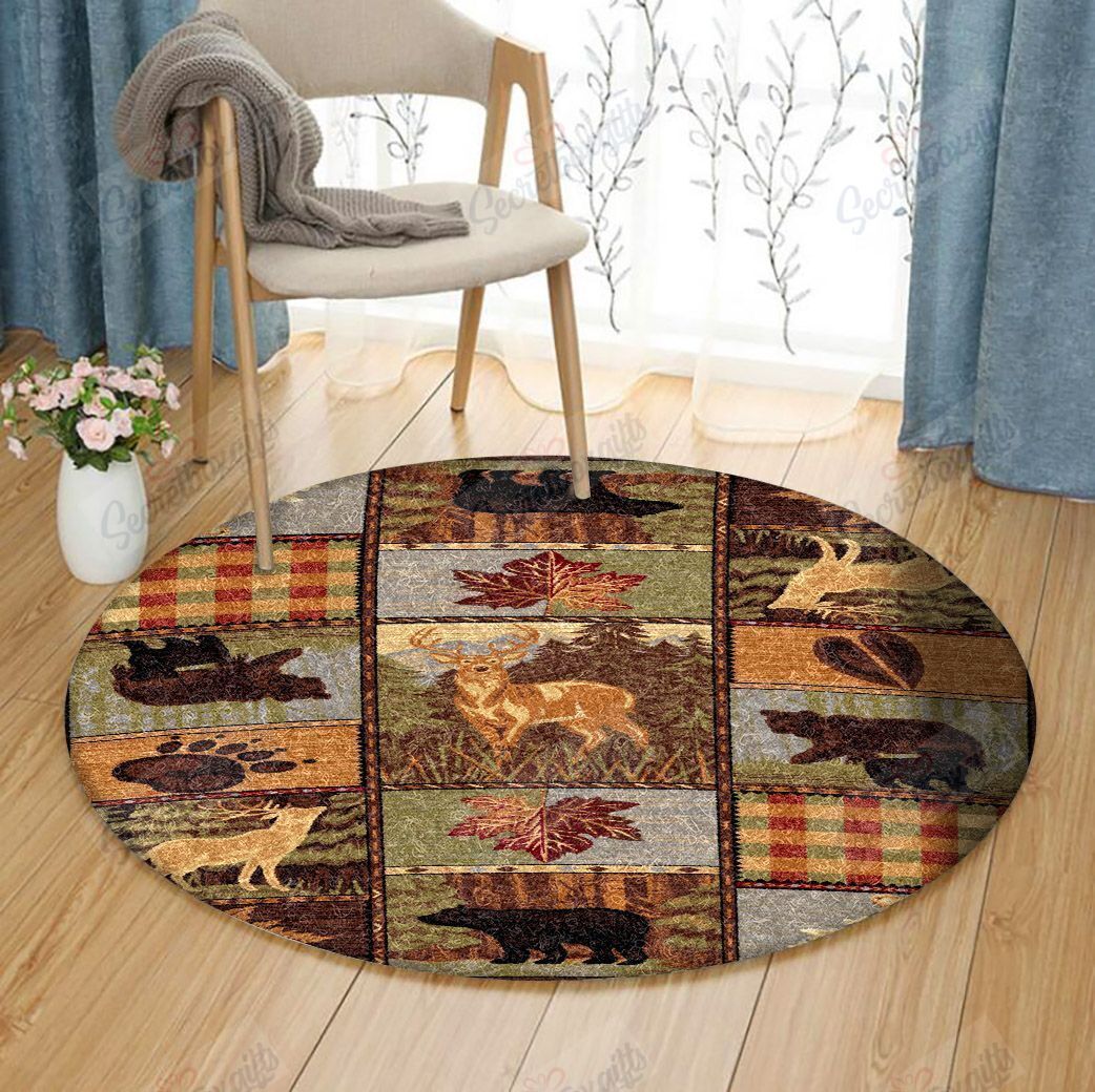 Deer And Bear Round Rug Carpet Bedroom Livingroom Home Decor