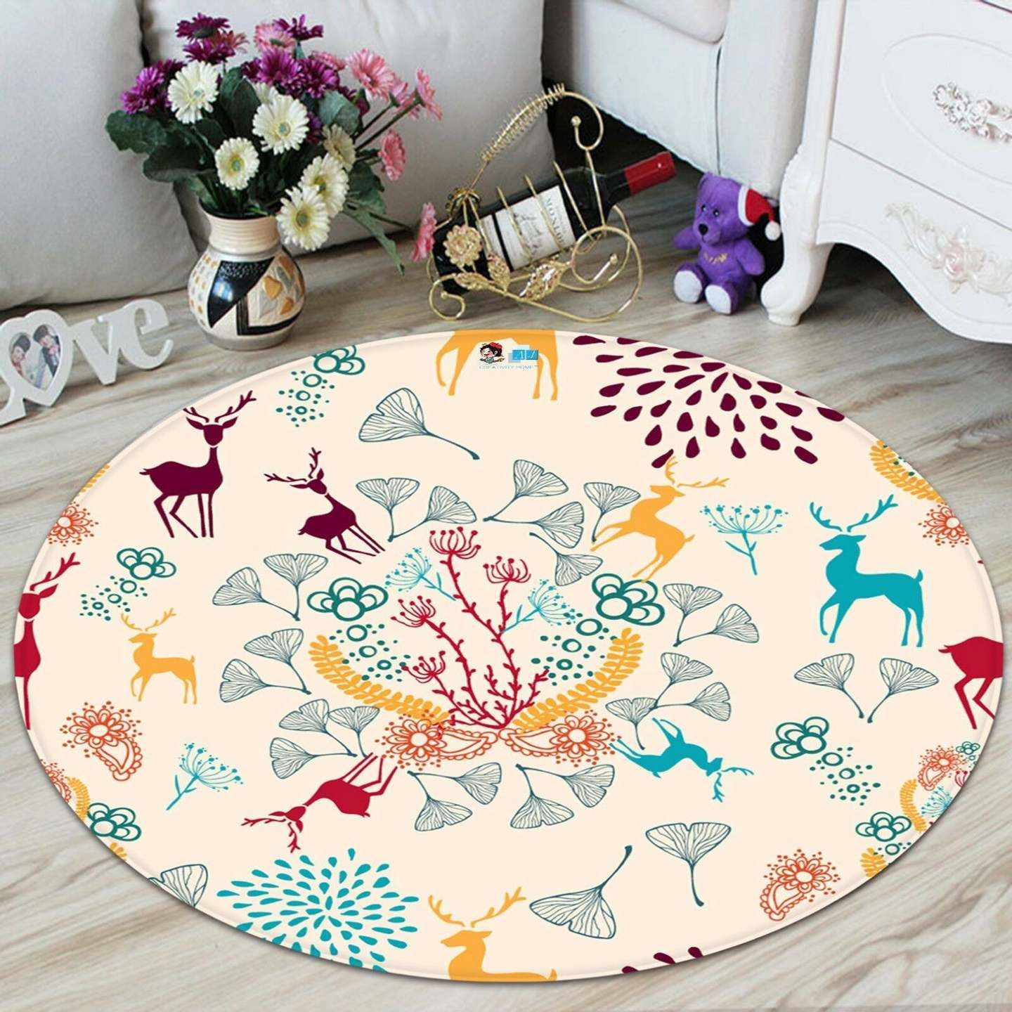 Deer And Flower Round Rug Carpet Bedroom Livingroom Home Decor