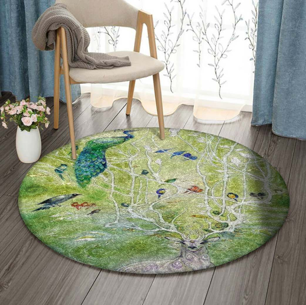 Deer And Peacock Round Rug Carpet Bedroom Livingroom Home Decor