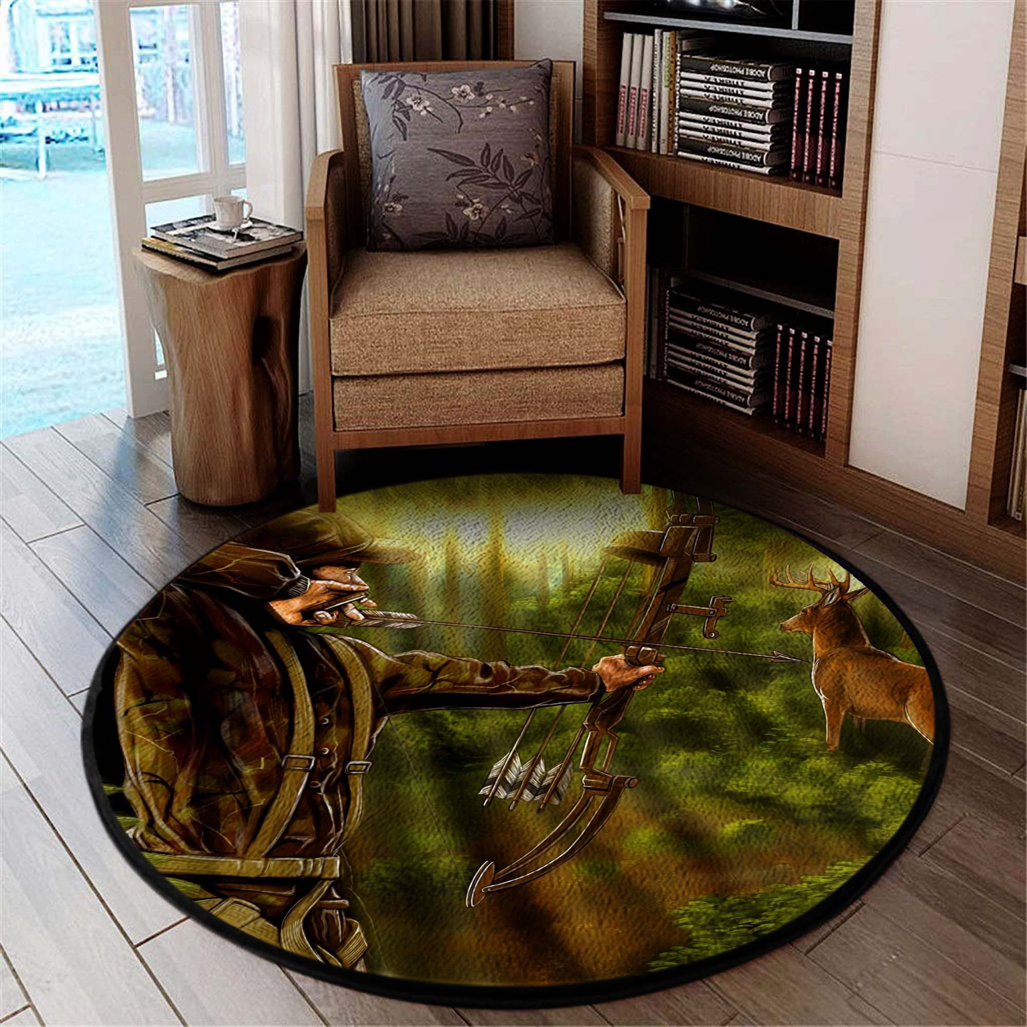 Deer Bow Hunting Round Rug Carpet Bedroom Livingroom Home Decor
