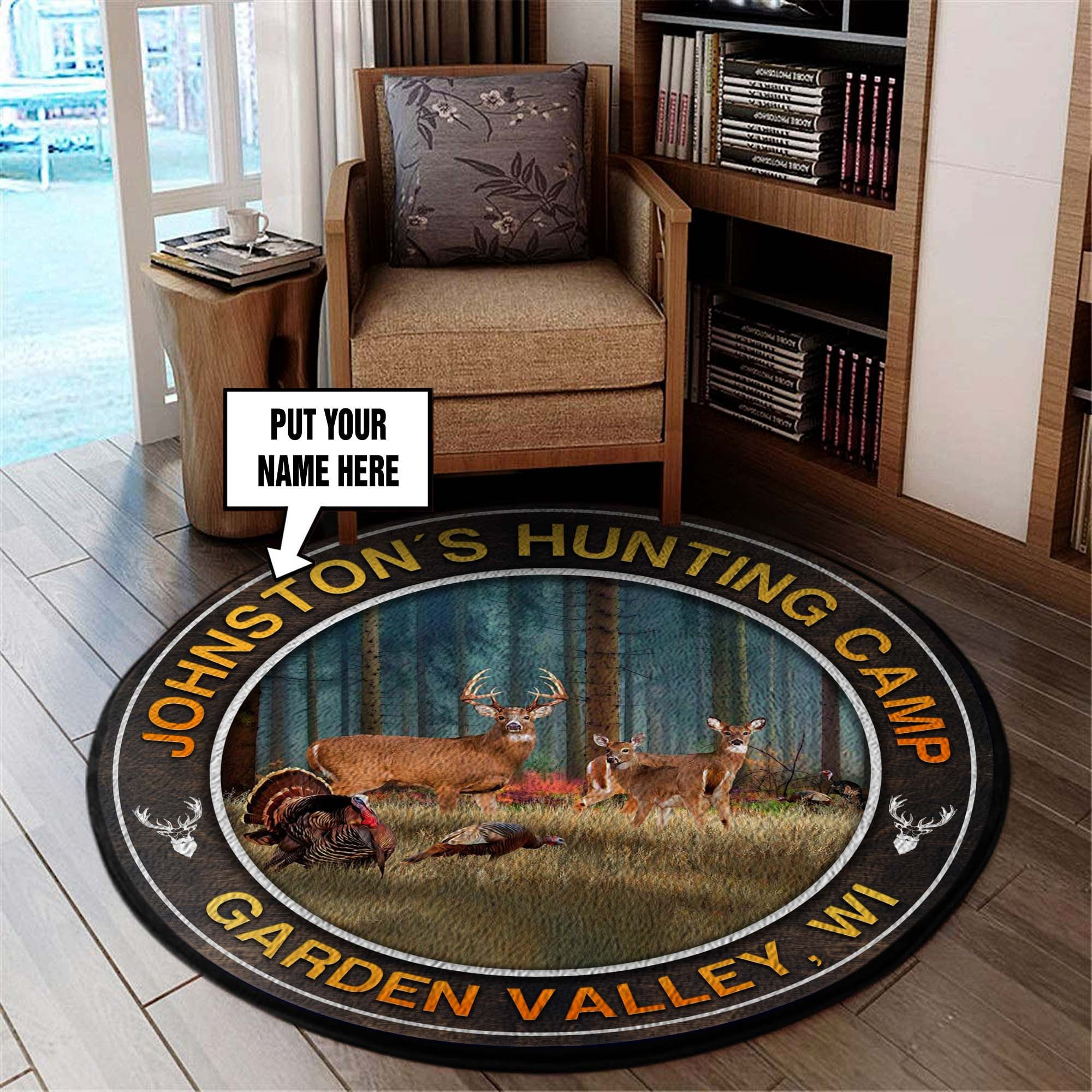 Deer With Turkey Hunting Camp Round Rug Carpet Bedroom Livingroom Home Decor