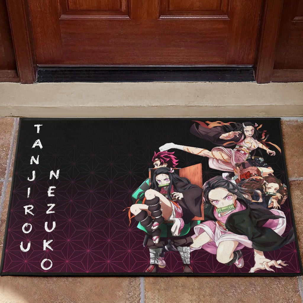 Demon Slayer Anime Nezuko Fighting Moments With Tanjiro Rubber Doormat Home Decor