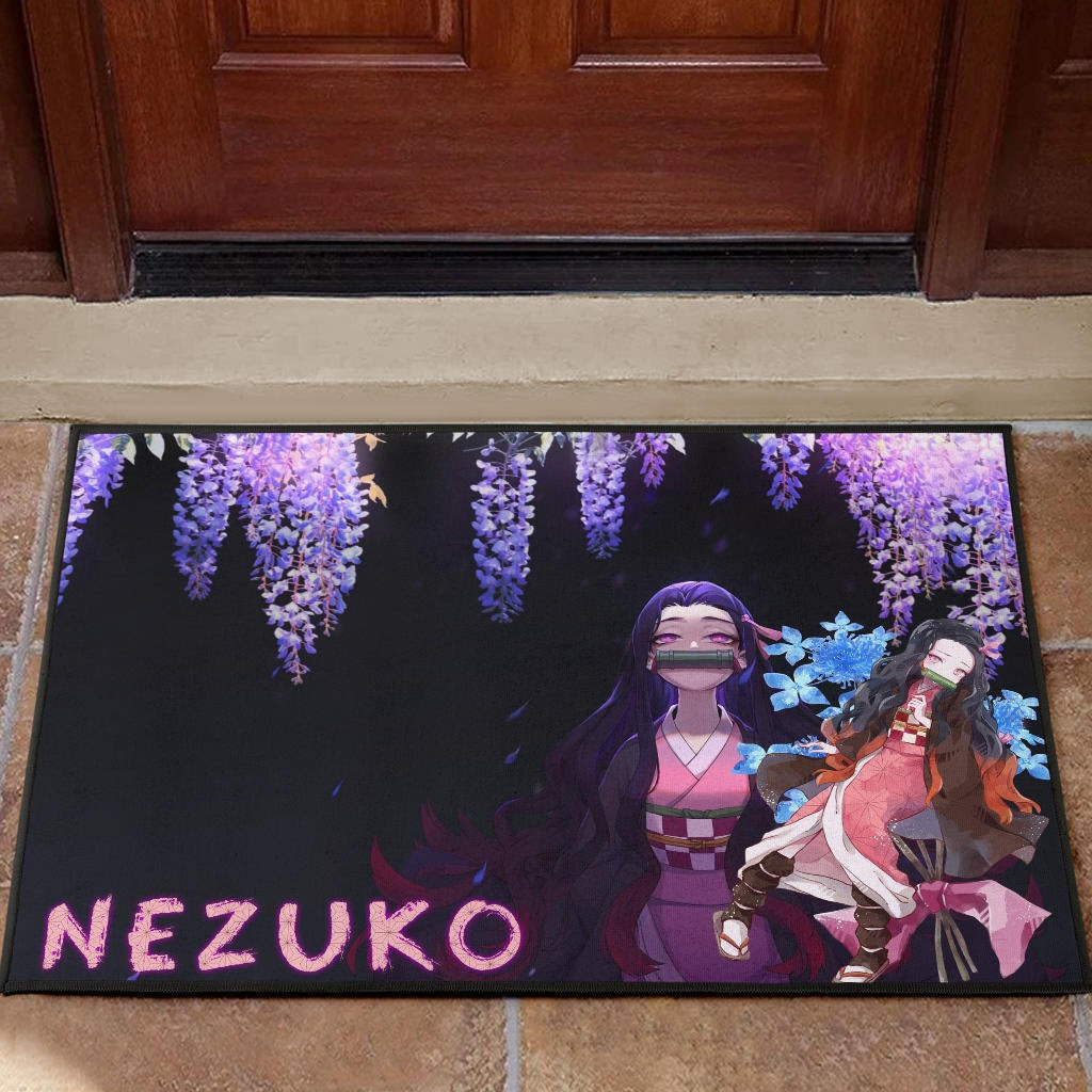 Demon Slayer Anime Pretty Nezuko Kamado Purple Flower Theme Rubber Doormat Home Decor
