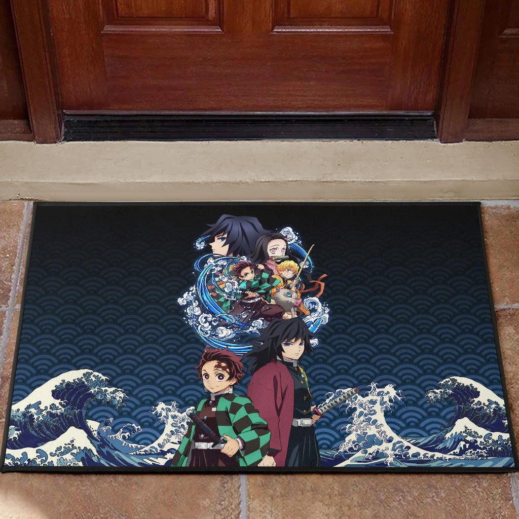 Demon Slayer Anime Rubber Doormat - Main Characters Power In Battle Blue Wave Rubber Doormat Home Decor