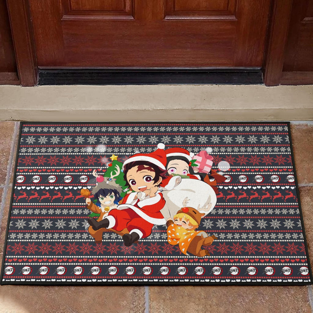 Demon Slayer Anime Rubber Doormat - Merry Christmas Chibi Cosplay Santa Reindeer Xmas Gift Rubber Doormat Home Decor