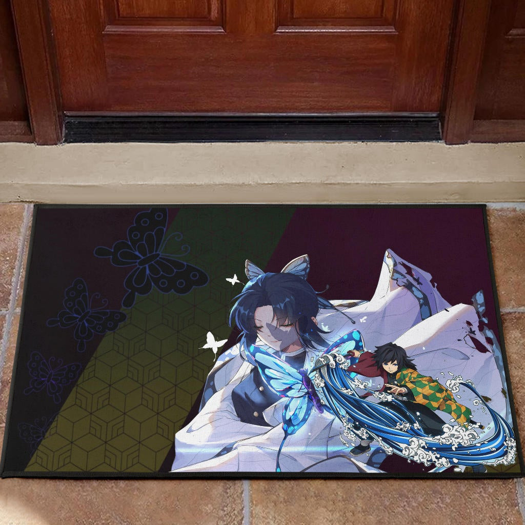 Demon Slayer Anime Rubber Doormat - Pretty Shinobu Butterflies With Giyuu Wave Rubber Doormat Home Decor