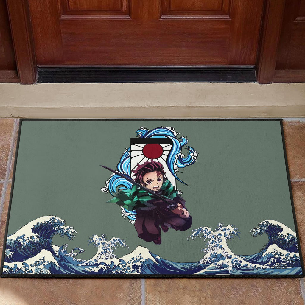 Demon Slayer Anime Rubber Doormat - Tanjiro Holding Sword Wave After Wave Rubber Doormat Home Decor