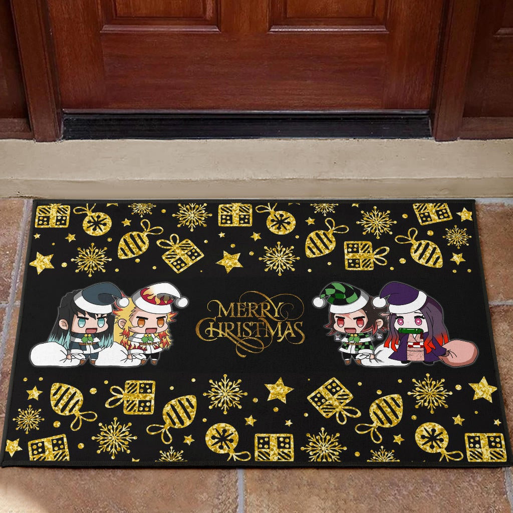 Demon Slayer Anime Rubber Doormat - Tanjiro Nezuko Rengoku And Muichiro Xmas Gift Christmas Symbol Rubber Doormat Home Decor