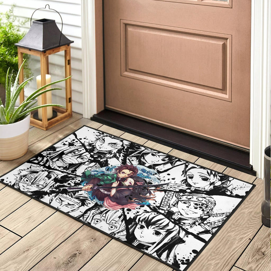 Demon Slayer Anime Tanjiro Protect Nezuko Vs Villains Black White Rubber Doormat Home Decor - Image 3