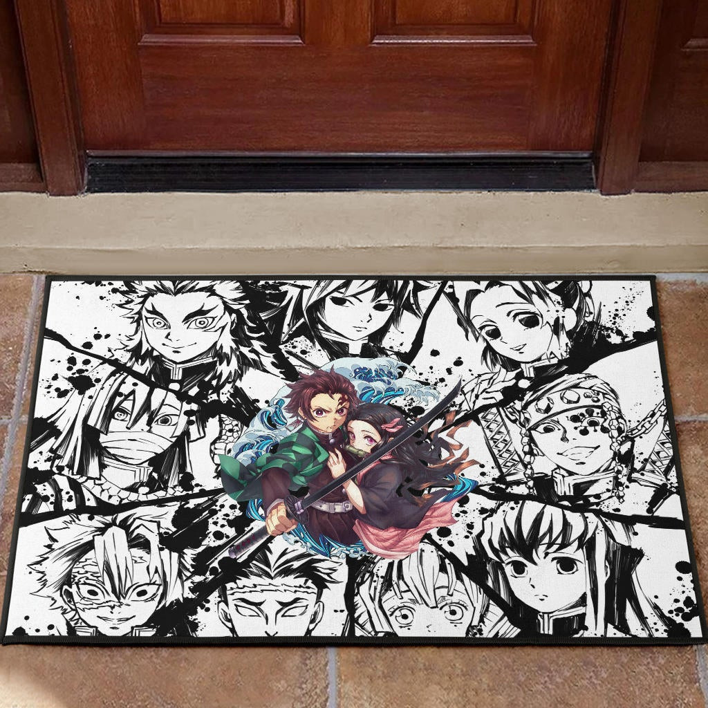 Demon Slayer Anime Tanjiro Protect Nezuko Vs Villains Black White Rubber Doormat Home Decor