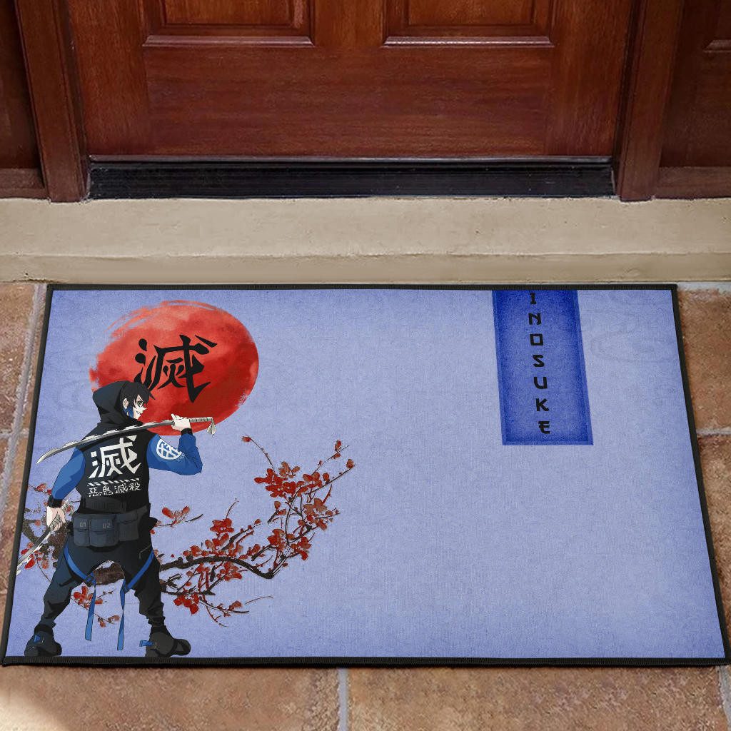 Demon Slayer Inosuke Took Off Mask Wearing Clothes Blue Theme Rubber Doormat Home Decor