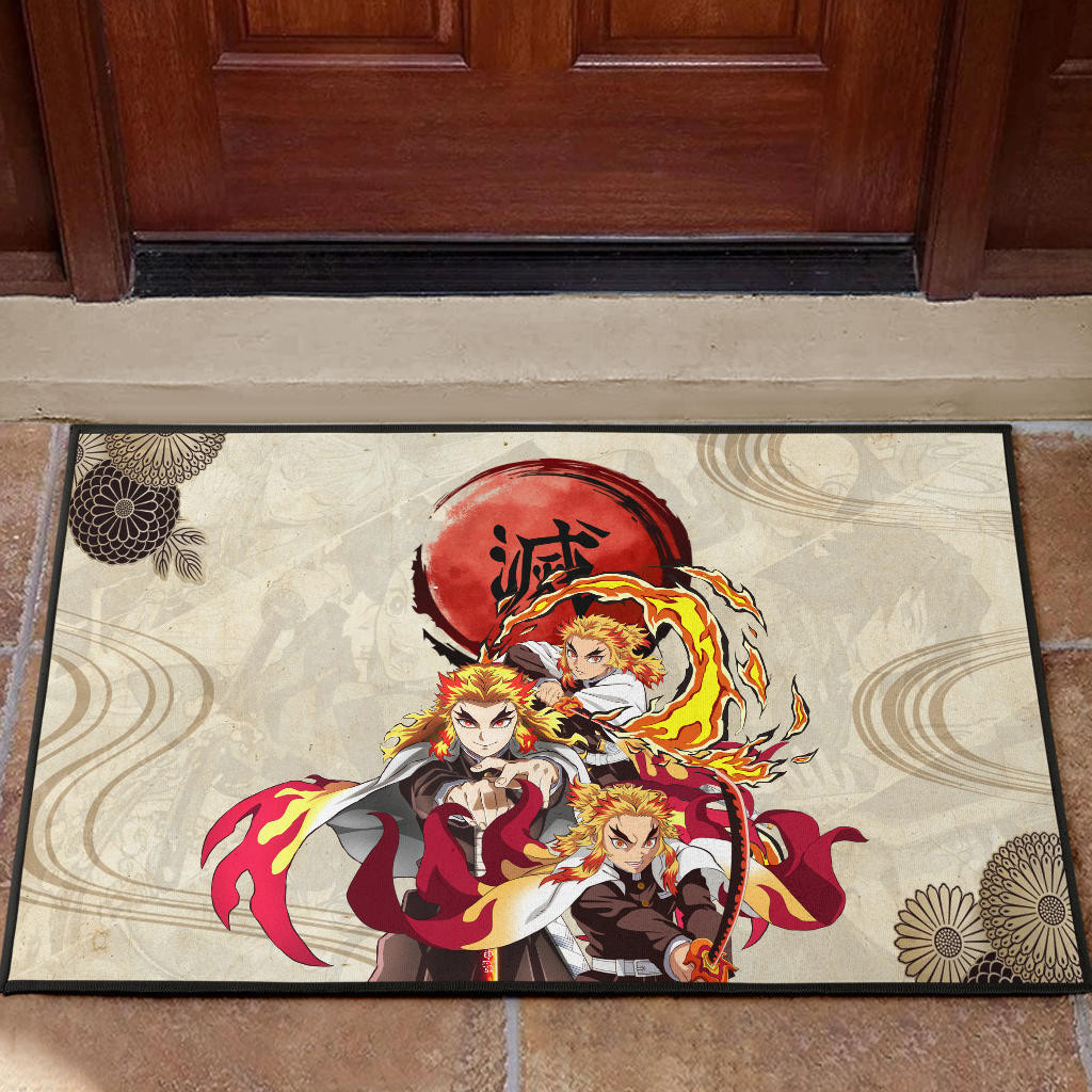 Demon Slayer Rengoku Fire Breath Power Red Sun Rubber Doormat Home Decor