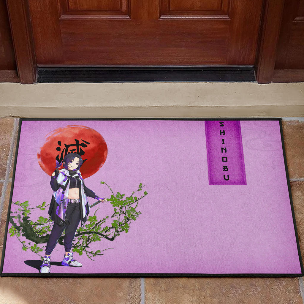 Demon Slayer Shinobu Wearing Modern Clothes Purple Theme Rubber Doormat Home Decor