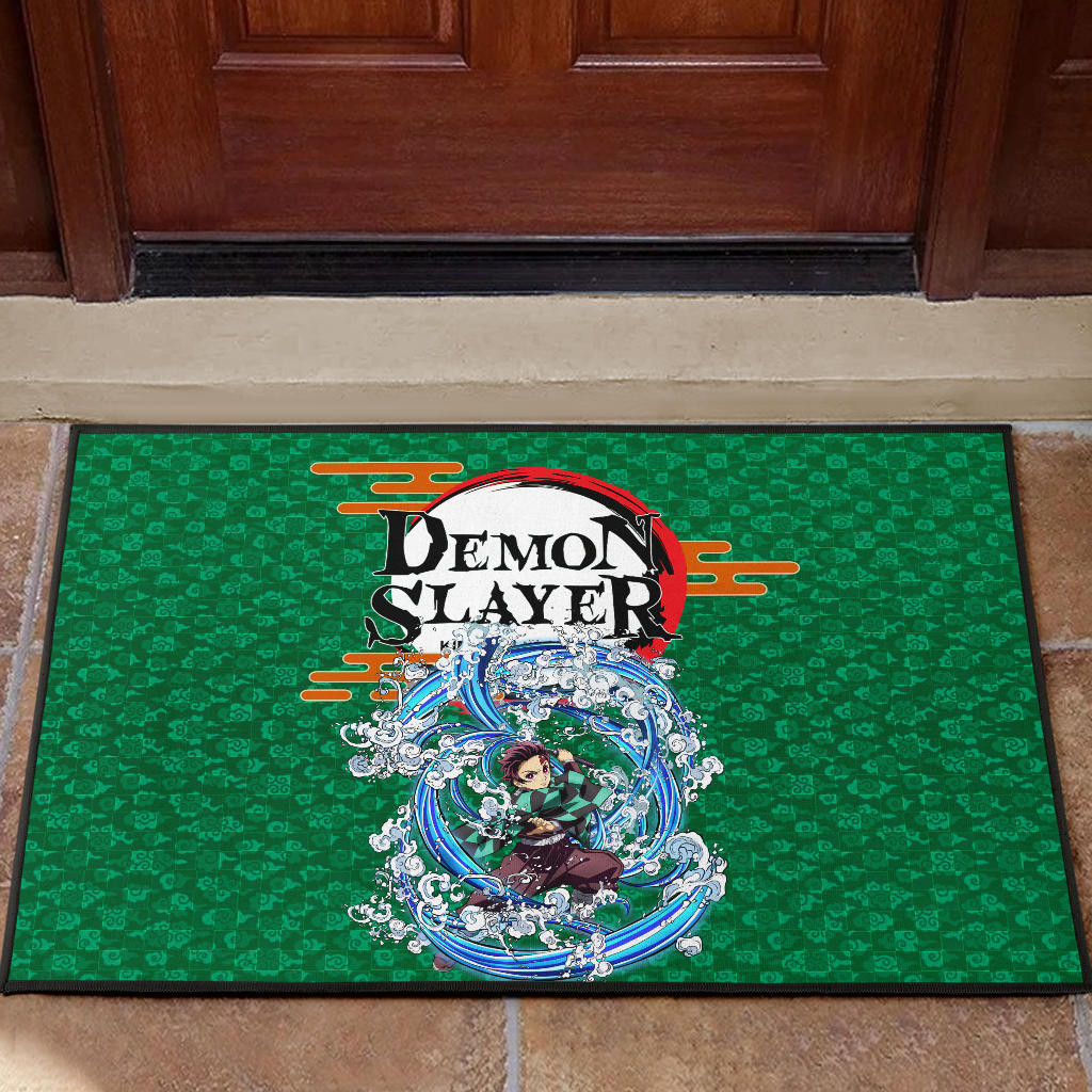 Demon Slayer Tanjiro Water Breath Power Green Background Rubber Doormat Home Decor