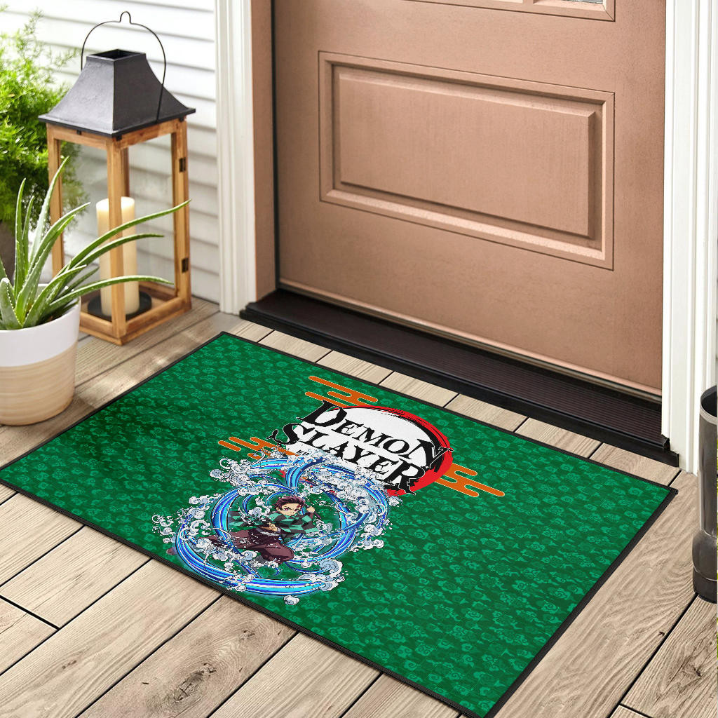 Demon Slayer Tanjiro Water Breath Power Green Background Rubber Doormat Home Decor - Image 3