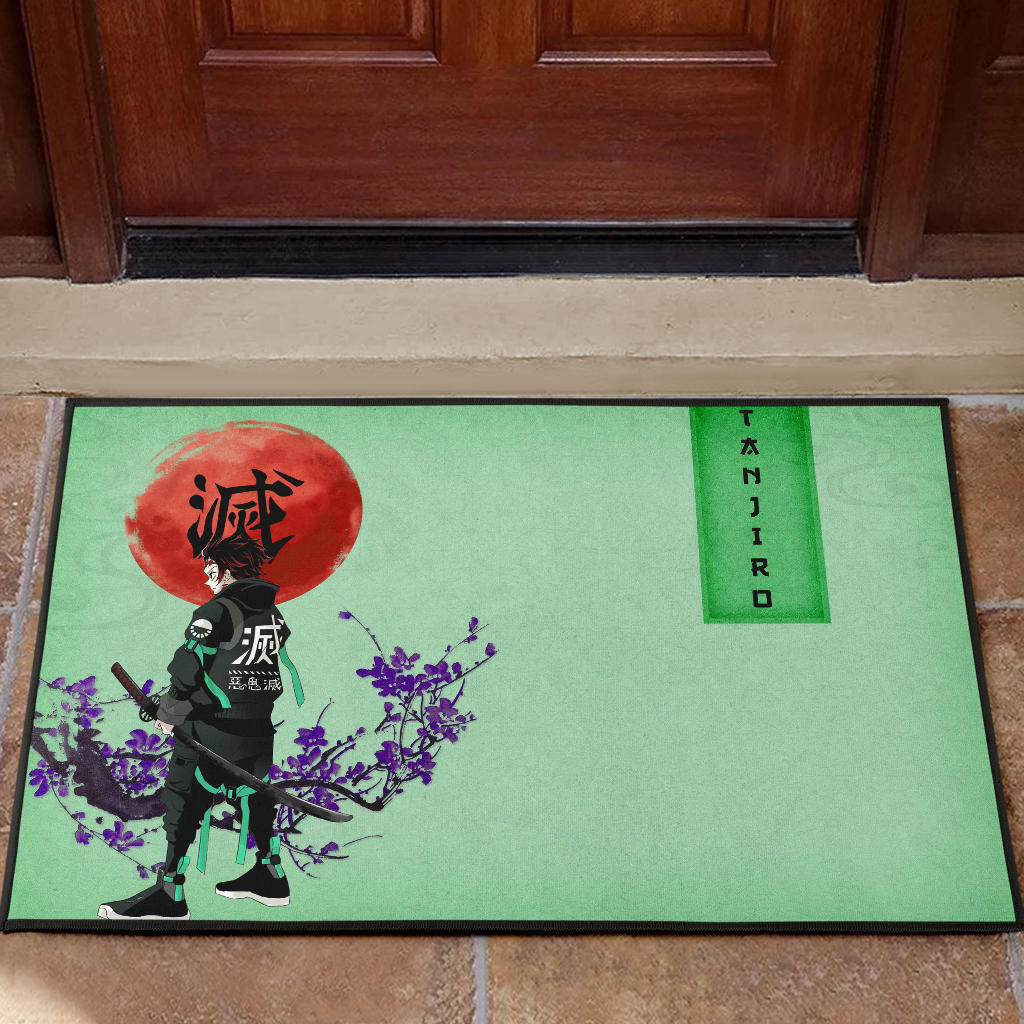 Demon Slayer Tanjiro Wearing Modern Clothes Green Theme Rubber Doormat Home Decor
