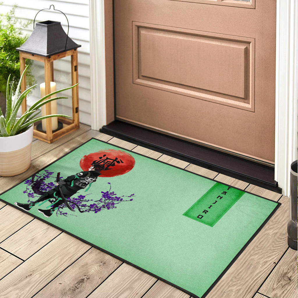 Demon Slayer Tanjiro Wearing Modern Clothes Green Theme Rubber Doormat Home Decor - Image 3