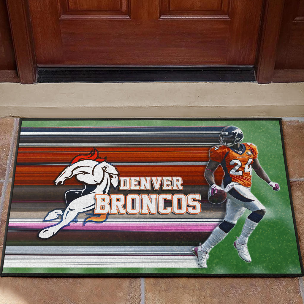 Denver American Football Broncos Bailey 24 Grab Rugby Ball Looking Back Rubber Doormat Home Decor