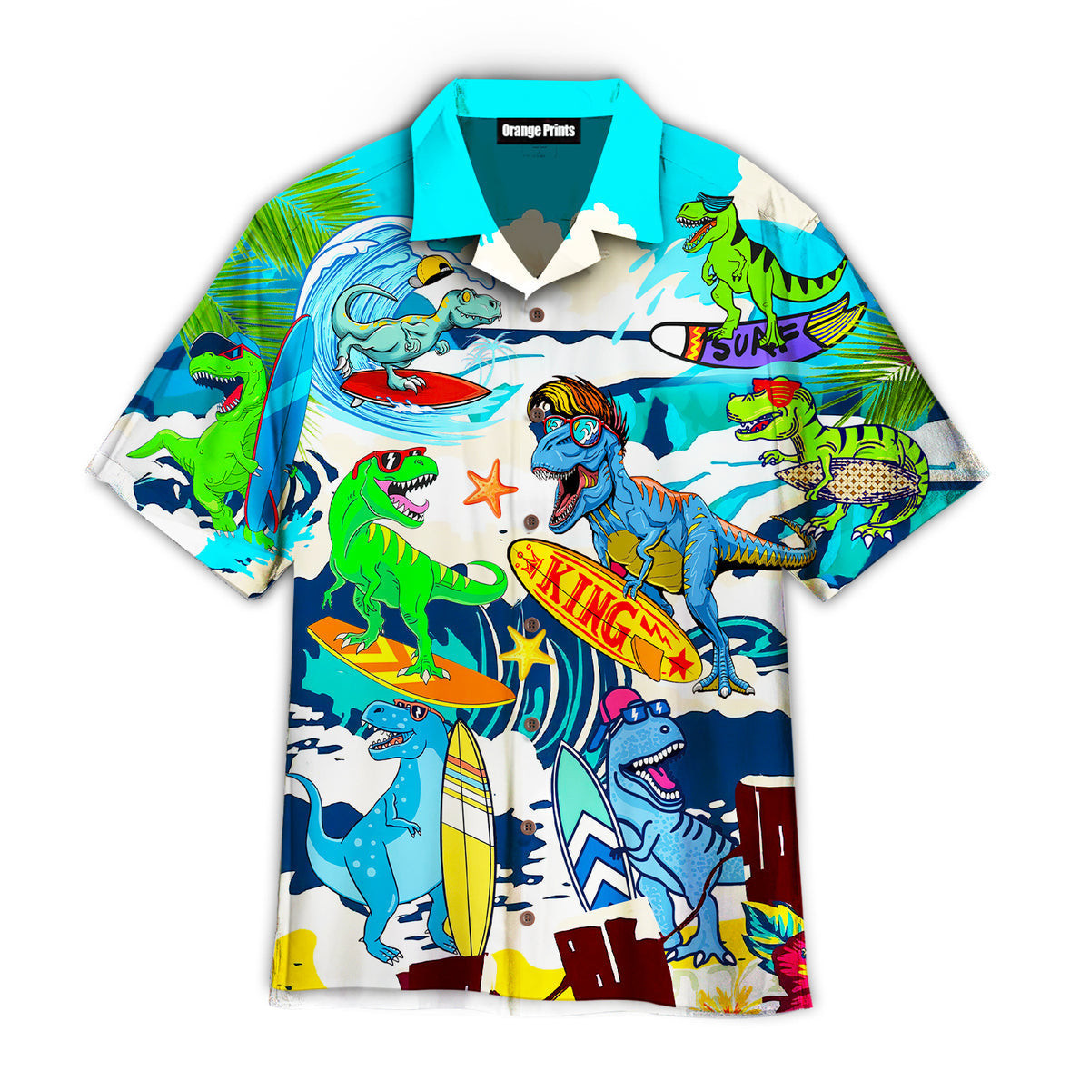 Dinosaur Surfing Wave Summer Hawaiian Shirt