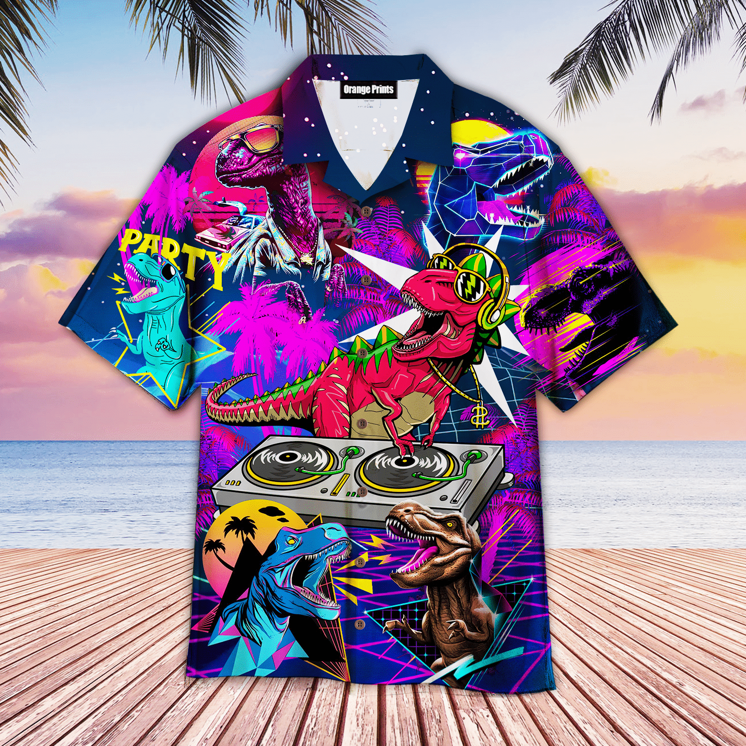 Dinosaur T-rex Neon DJ Party Hawaiian Shirt