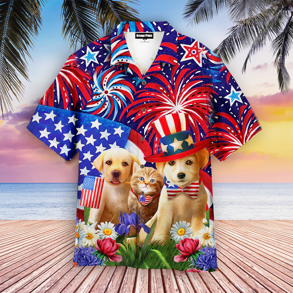 Dogs Love American Flag Firework Hawaiian Shirt