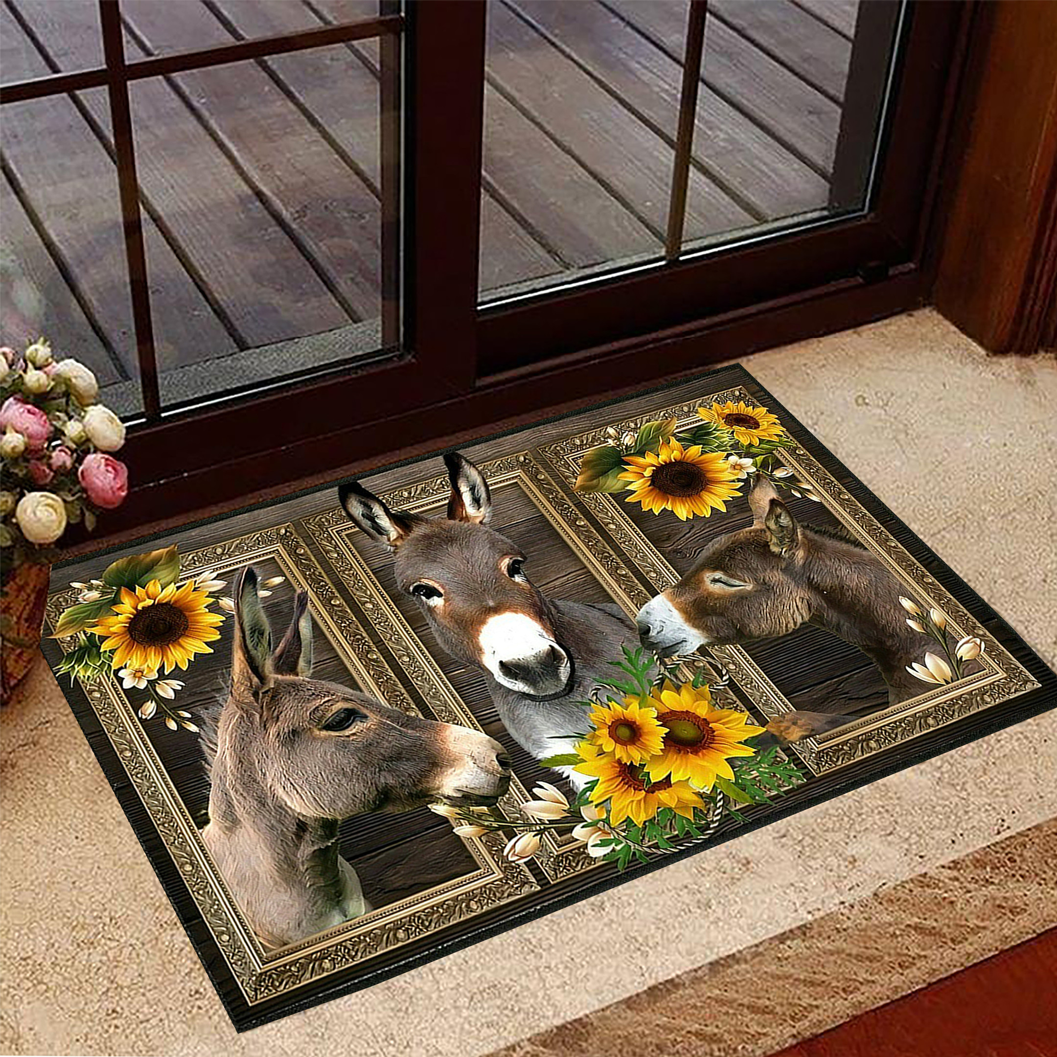 Donkey Sunflower Rubber Doormat Animal Print Rubber Doormat Donkey Themed Gifts Items