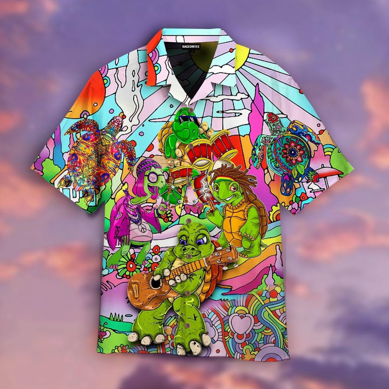 Don't Worry Be Hippies Turtle Music Band Hawaiian Shirt