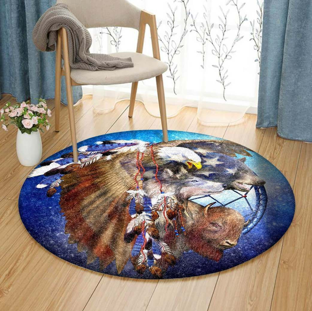 Dreamcatcher Spirit Animal Eagle Wolf Bear Buffalo Native American Round Rug Carpet Bedroom Livingroom Home Decor