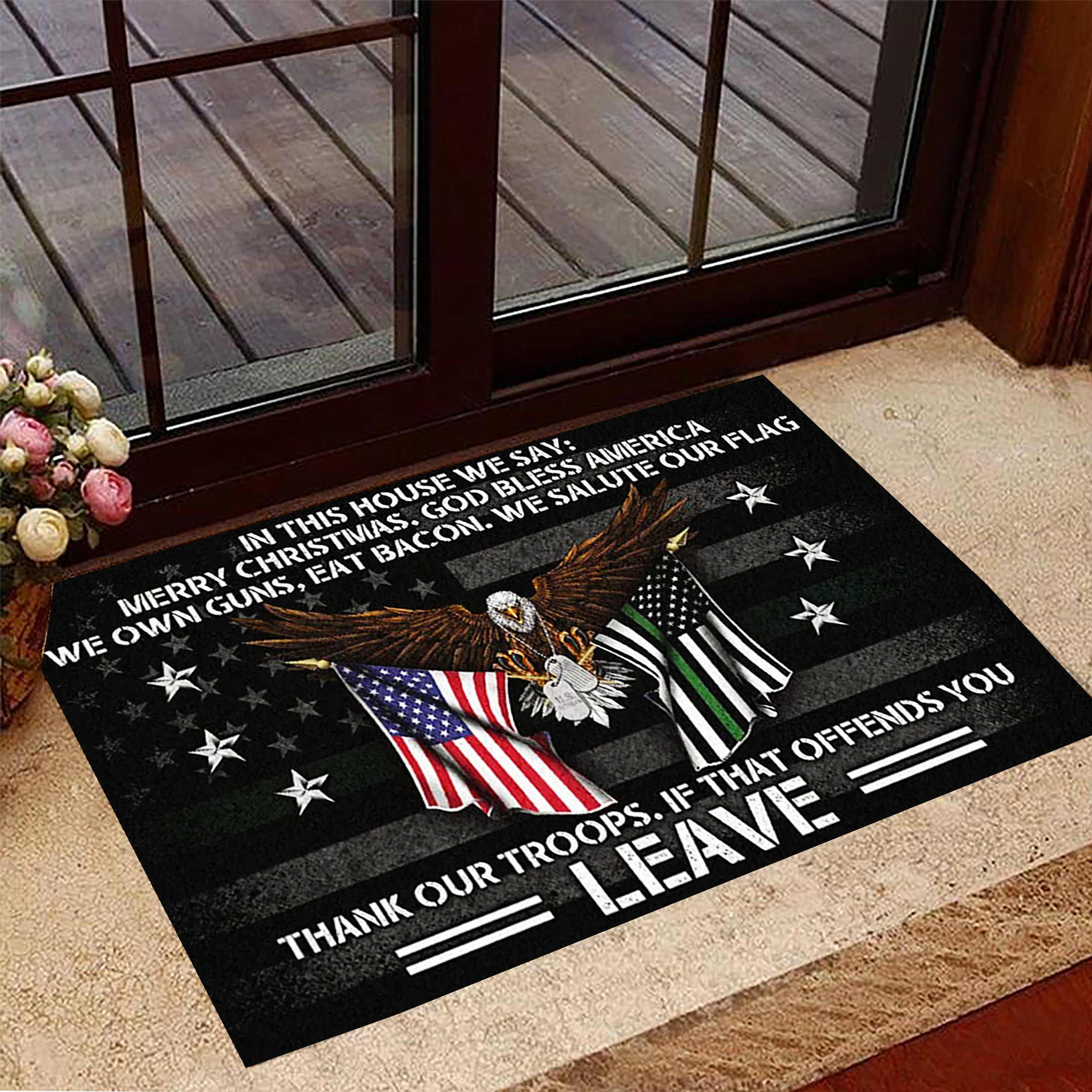 Eagle In This House We Say Merry Christmas Rubber Doormat USA Thin Thin Flag Christmas Gift For Vet