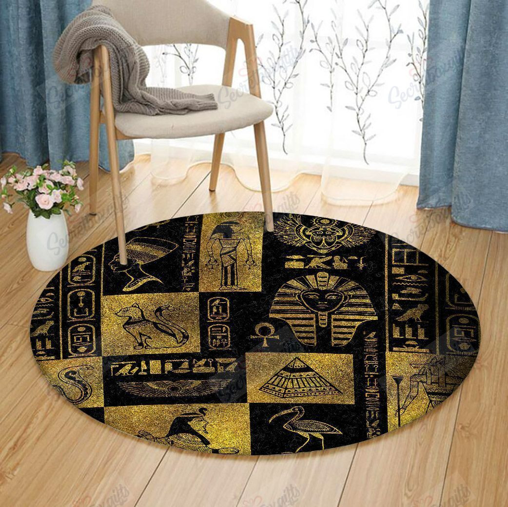 Egyptian Gold Hieroglyphs And Symbols Collage Round Rug Carpet Bedroom Livingroom Home Decor