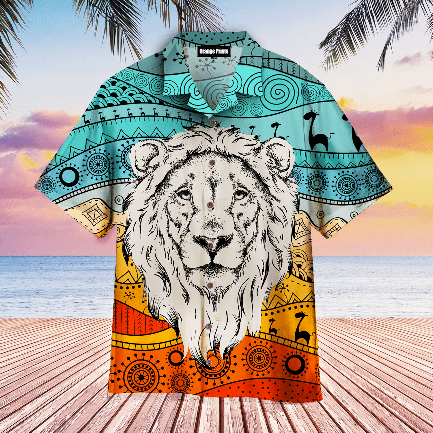 Ethnic Head Of Lion On African Hawaiian Shirt