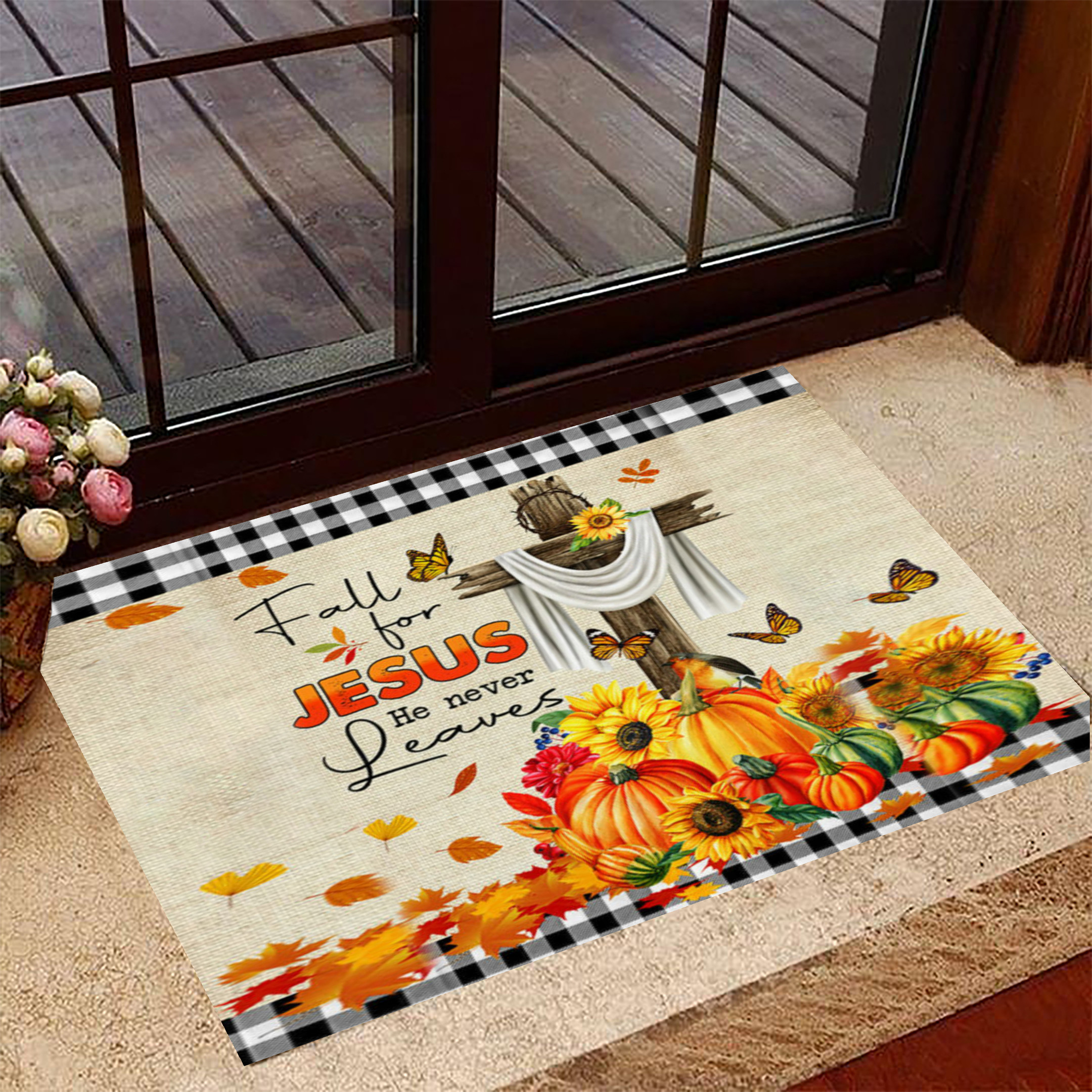 Fall For Jesus He Never Leaves Rubber Doormat Thanksgiving Indoor Welcome Mats Gift For Christian