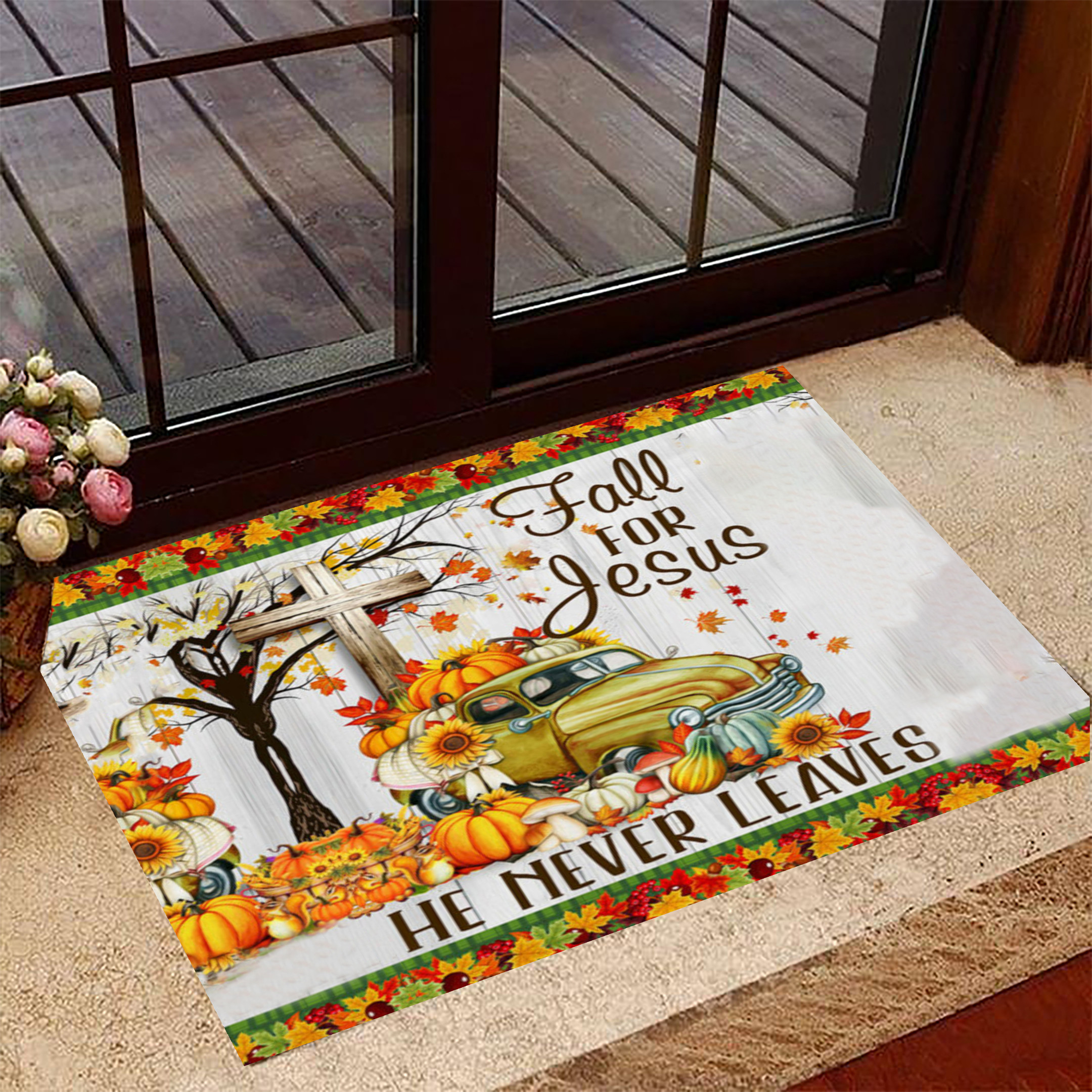 Fall For Jesus He Never Leaves Rubber Doormat Welcome Fall Indoor Welcome Mats Thanksgiving Decor