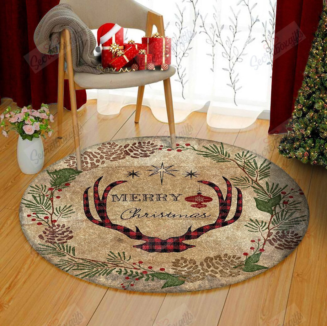 Farmhouse Christmas Lodge Deer Antlers With Wreath Round Rug Carpet Bedroom Livingroom Home Decor