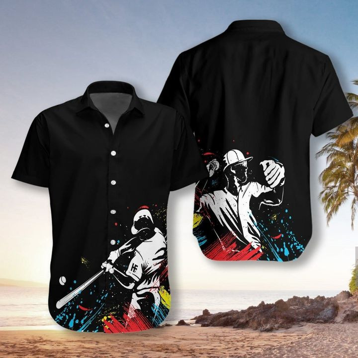 Felacia Baseball Players Silhouettes On Paintball Black Hawaiian Shirt