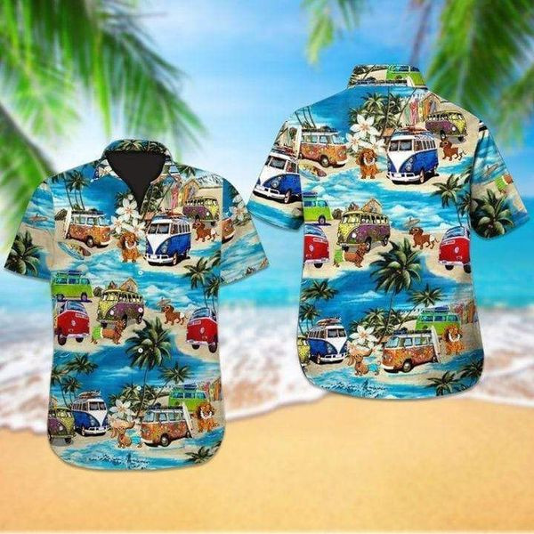 Find Camping Car With Dog On The Beach Hawaiian Shirt