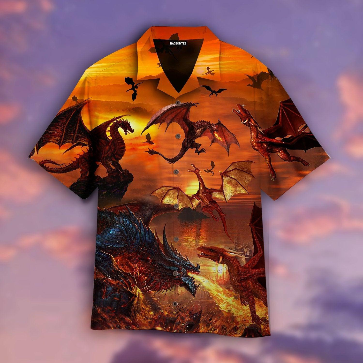 Fire Dragon Are Flying In The Sky Hawaiian Shirt