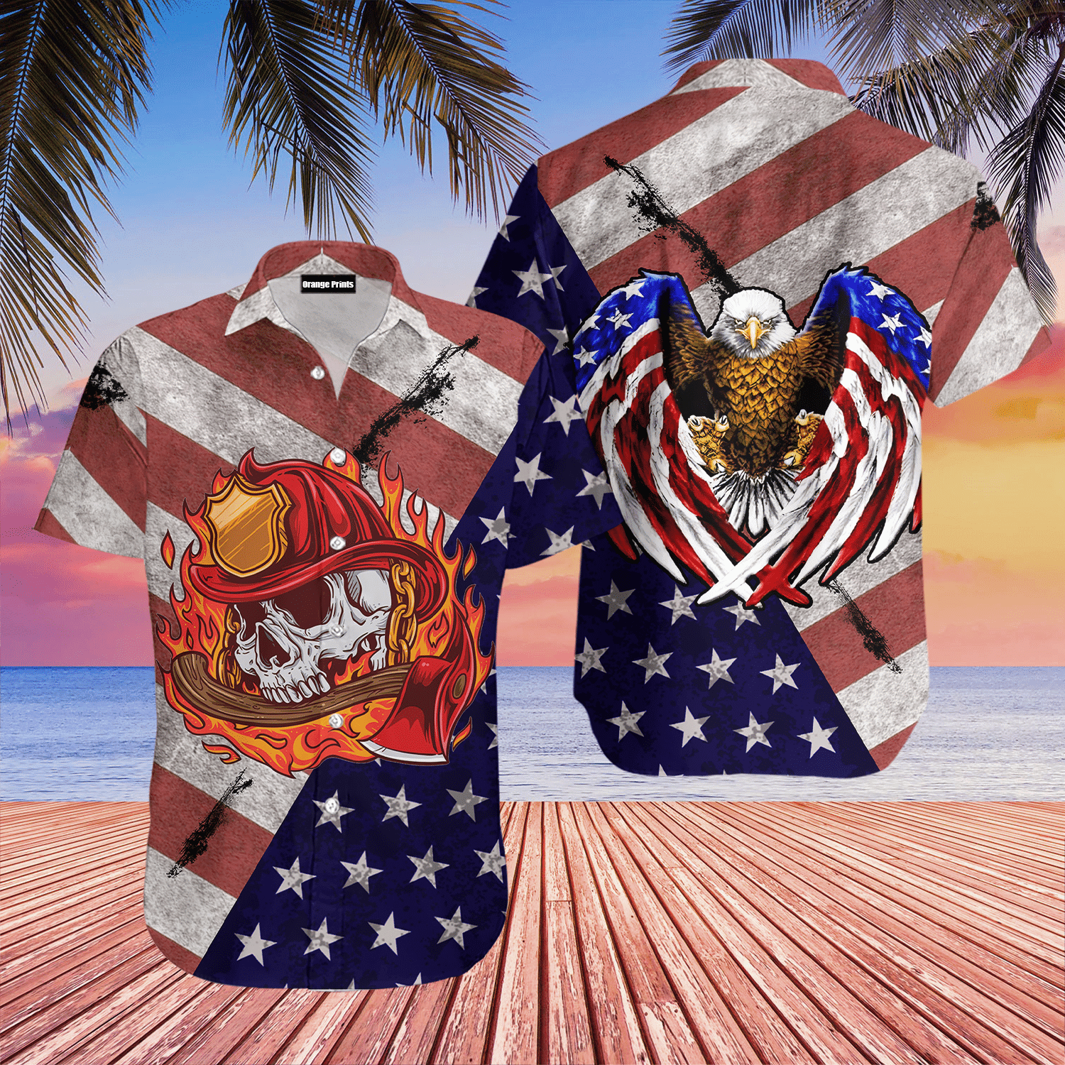 Fire Fighter Skull Eagle American Flag Hawaiian Shirt