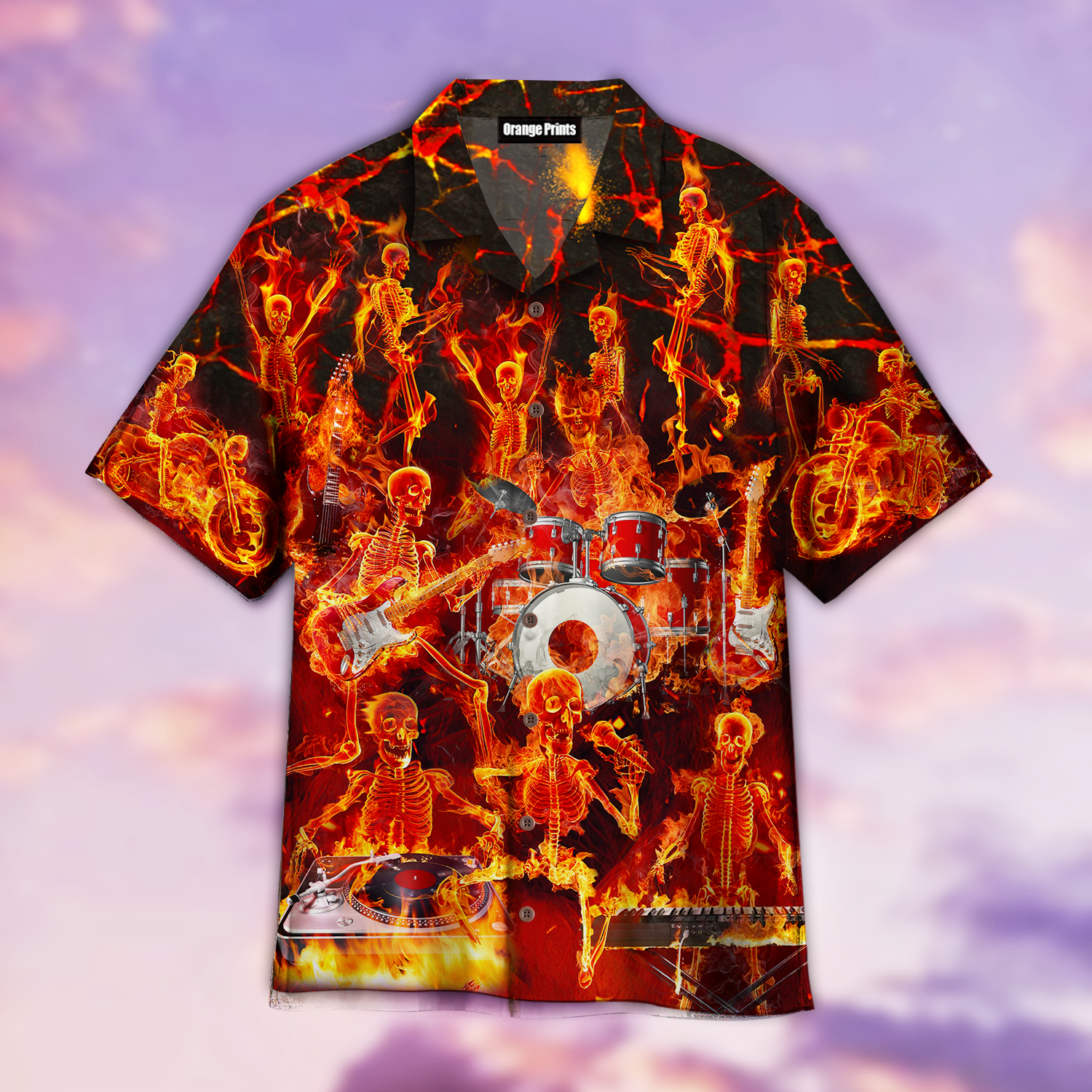 Fire Flame Drums Skull Hawaiian Shirt