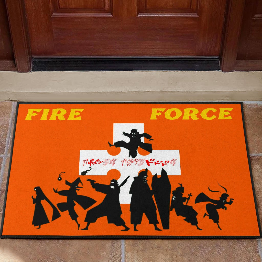 Fire Force Anime Rubber Doormat Characters Silhouette Fighting Orange Yellow Text Rubber Doormat Home Decor