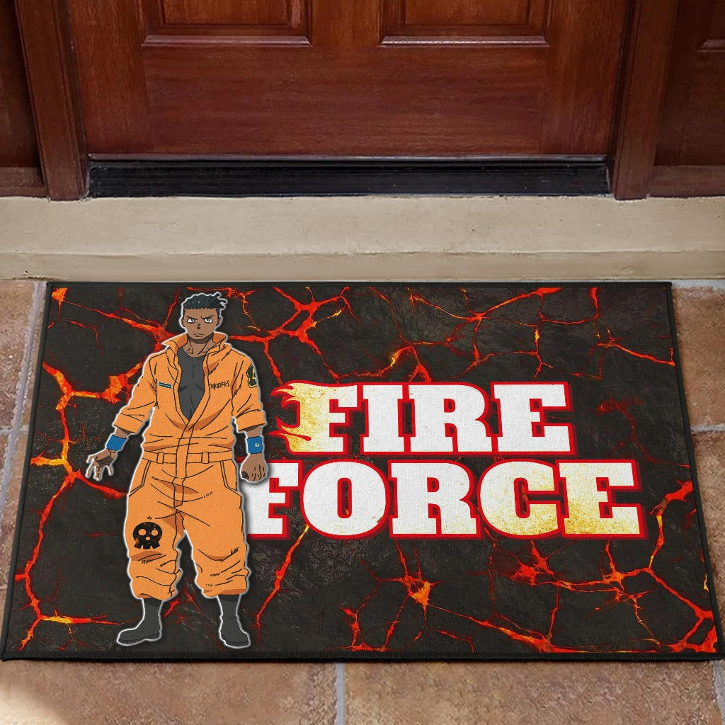 Fire Force Anime Rubber Doormat Ogun Montgomery Wearing Orange Uniform Larsen Background Rubber Doormat Home Decor