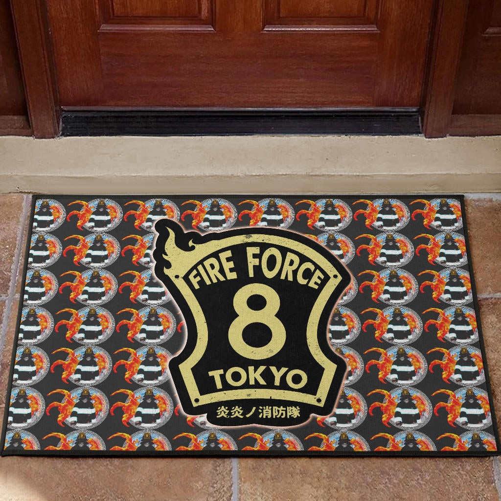 Fire Force Anime Rubber Doormat Shinra Kusakabe Silhouette Evil Smile In Fire Patterns Rubber Doormat Home Decor