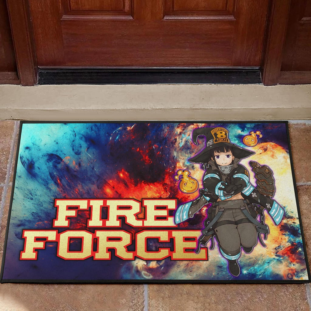 Fire Force Anime Rubber Doormat Witch Maki Oze With Cute Baby Fire Artwork Galaxy Rubber Doormat Home Decor
