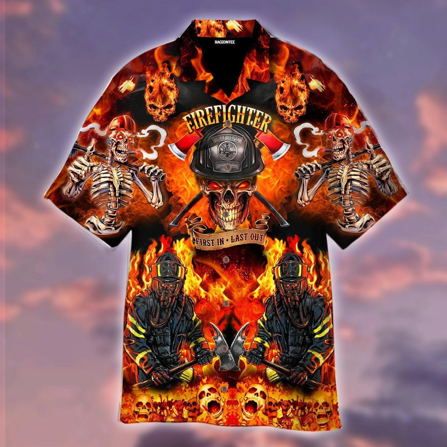 Fire Skeleton Firefighter Halloween Hawaiian Shirt